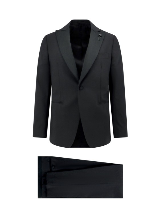 Shop Lardini Stretch Wool Smoking With Satin Profiles In Black