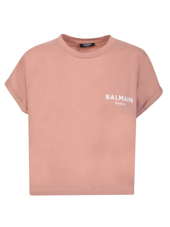 Shop Balmain Pink Contrasting Logo Crop T-shirt