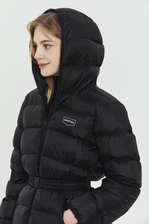 Shop Duvetica Long Down Jacket With Full-zip Hood And Belt In Black