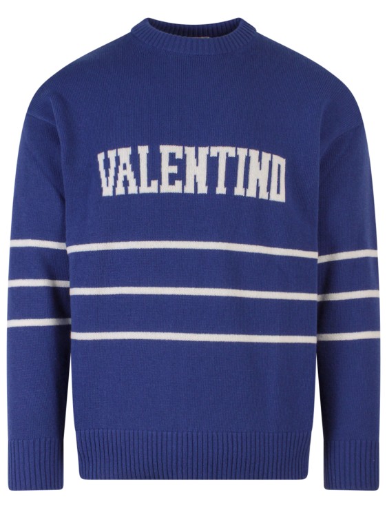 Shop Valentino Frontal Logo Virgin Wool Sweater In Blue