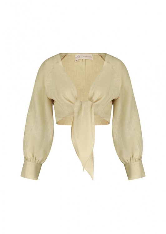 The-private-label X Cabochon Coco Cropped Bow-tie Linen Top In Neutrals