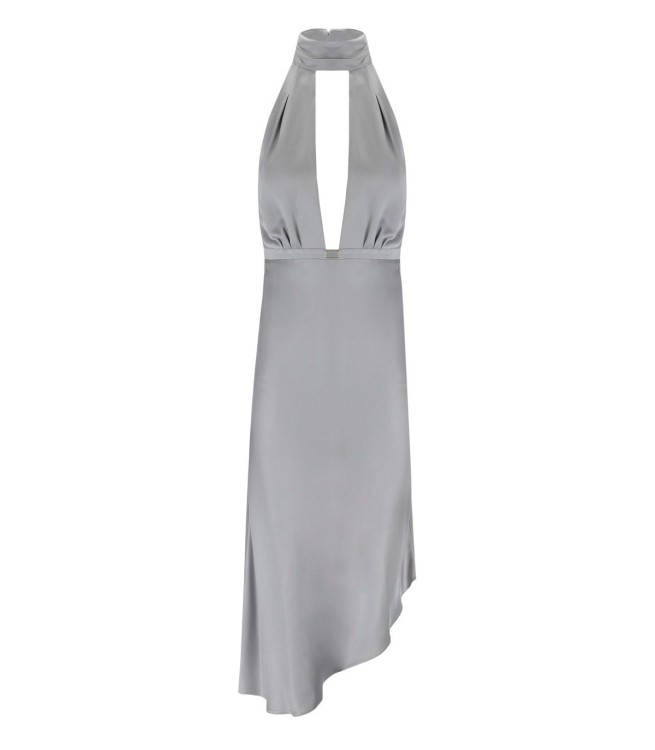 Elisabetta Franchi Satin Midi Dress With Asymmetric Skirt In Grey