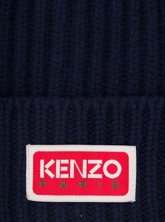 Shop Kenzo Blue Beanie With Ribbed Texture And Contrastring Logo Patch In Wool In Black