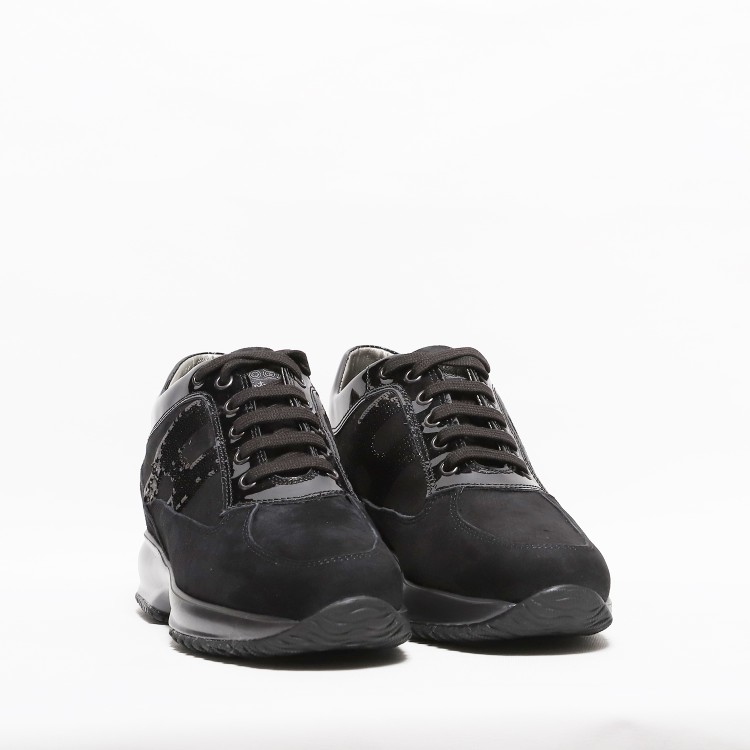 Shop Hogan Black Suede And Patent Leather Interactive Sneakers