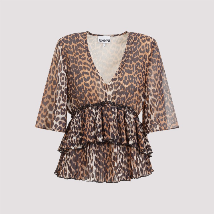 Shop Ganni Animalier Pleated V-neck Blouse In Pink