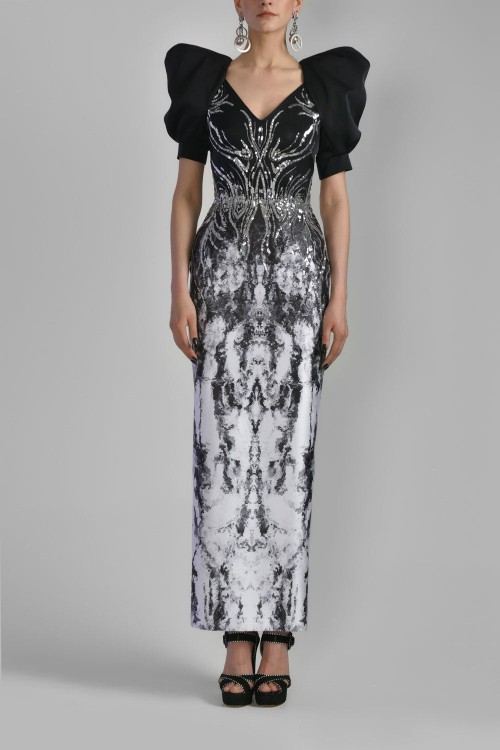 Shop Saiid Kobeisy Printed Satin Fitted Dress In Grey