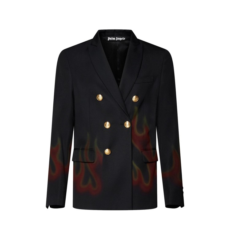 Palm Angels Flame-print Double-breasted Blazer In Black