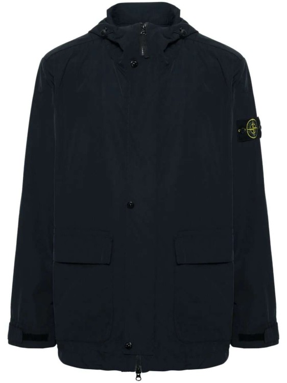 Stone Island Compass-badge Navy Blue Hooded Jacket In Black