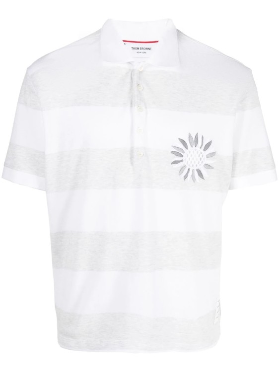 Thom Browne Rugby Stripe Pique Flower Embroidery Oversized Short Sleeve Polo In White