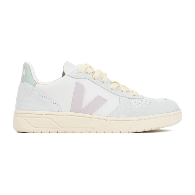 Shop Veja V10 White And Green Leather Sneakers
