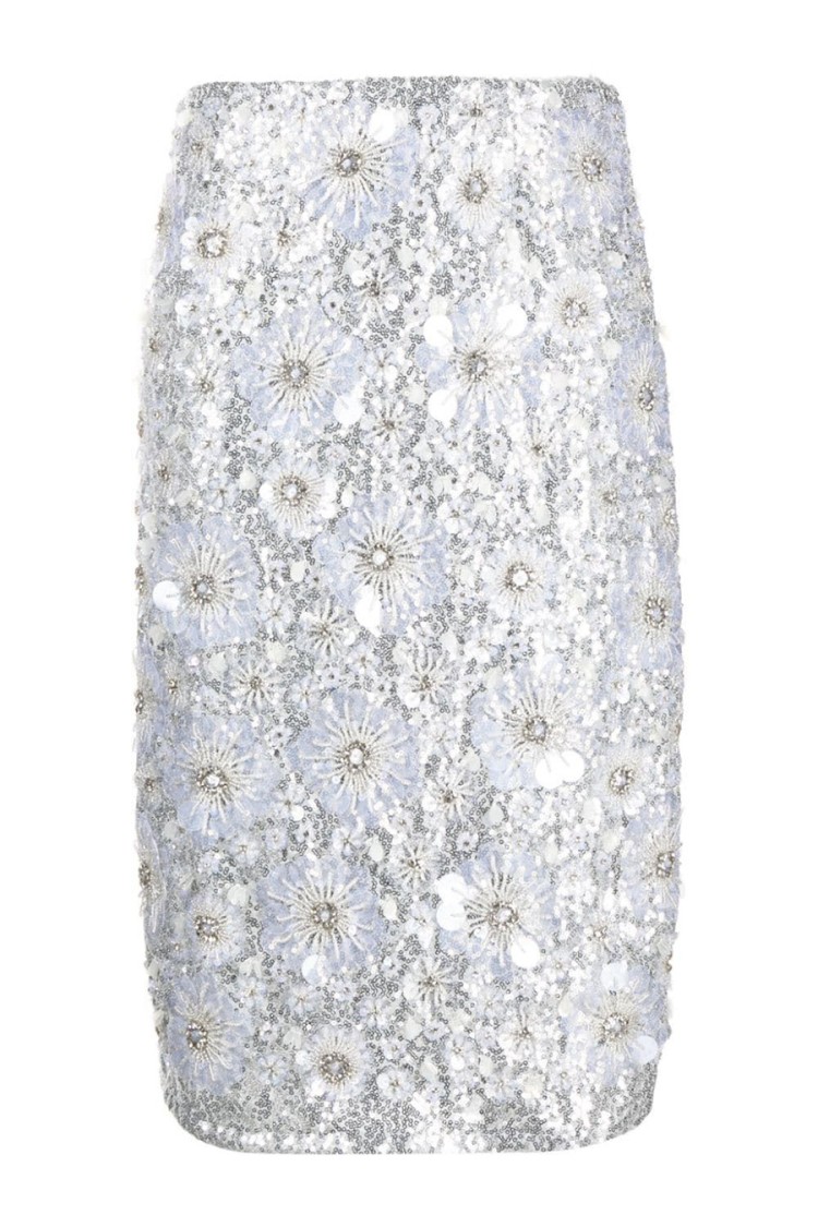 Shop Des Phemmes Embellished Midi Skirt With Floral Sequin Design And Luxurious Fabric Blend In Silver