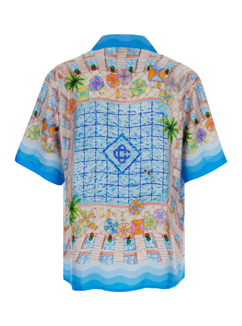 Shop Casablanca Light Blue Bowling Shirt With All-over Graphic Print In Silk