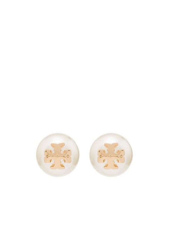 Tory Burch Gold-colored Pearl Stud Earrings With Logo Detail In Brass In Not Applicable