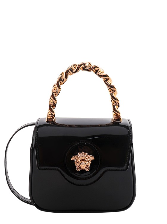Shop Versace Patent Leather Handbag With Medusa Button In Black