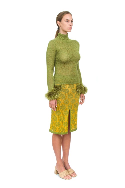 Shop Andreeva Green Knit Skirt With Handmade Knit Details