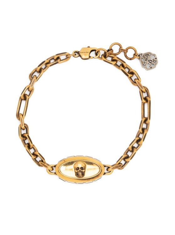 Alexander Mcqueen Gold-colored Chain Bracelet With Skull Detail And Logo Charm In Brass In Not Applicable