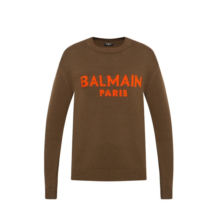 Shop Balmain Wool Logo Sweater In Brown
