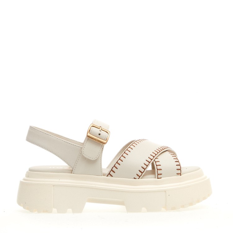 Hogan H644 Tank Sandal In White Stitched Leather In White