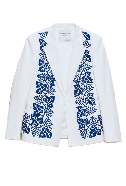 Federico Cina La Caveja' Buttonless Suit Jacket. Print: Il Vigneto In White