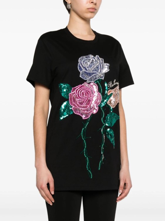 Shop Balmain Black Rose-appliqué T-shirt