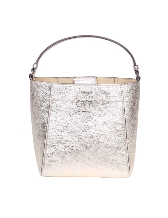 Tory Burch Mcgraw Small Bucket In Gold Colour Laminated Leather In White