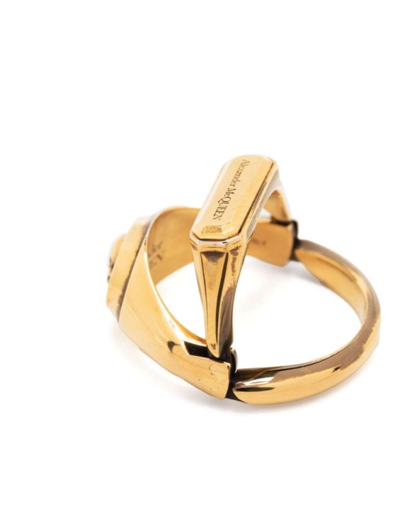 Shop Alexander Mcqueen Gold-colored Double Ring With Skull Detail And Embossed Logo Lettering In Brass In Not Applicable