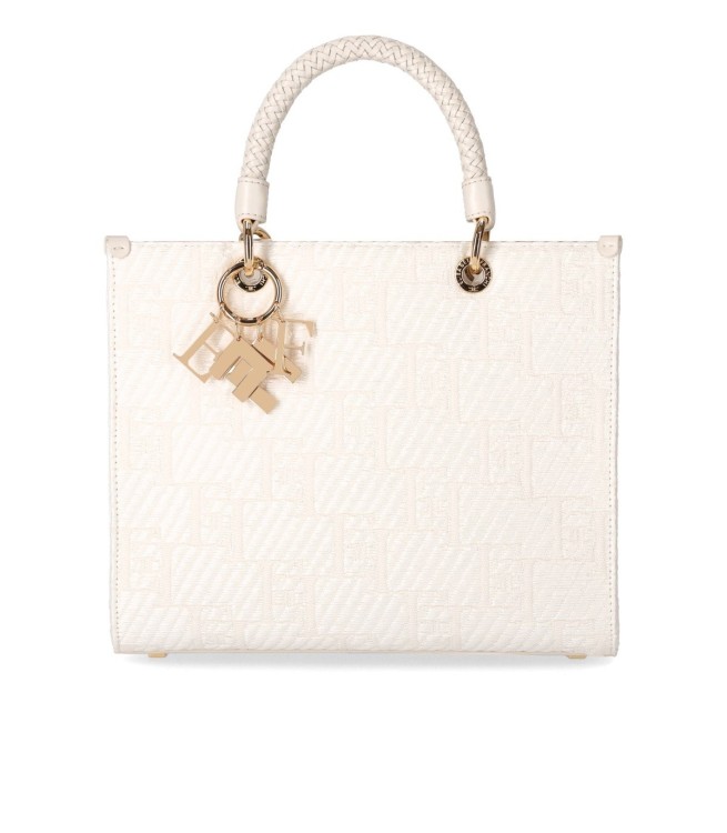 Shop Elisabetta Franchi Ivory Jacquard Raffia Handbag In Neutrals