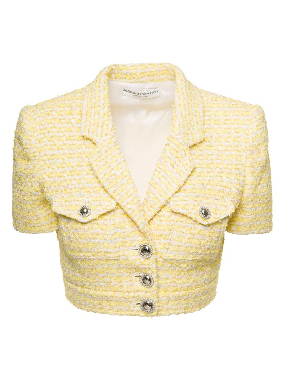 Shop Alessandra Rich Cropped Jacket With Pockets And Silver Buttons In Tweed Lurex Yellow