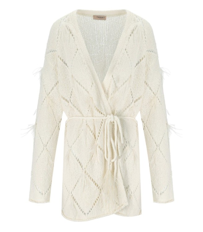 TWINSET OFF-WHITE CARDIGAN WITH FEATHERS