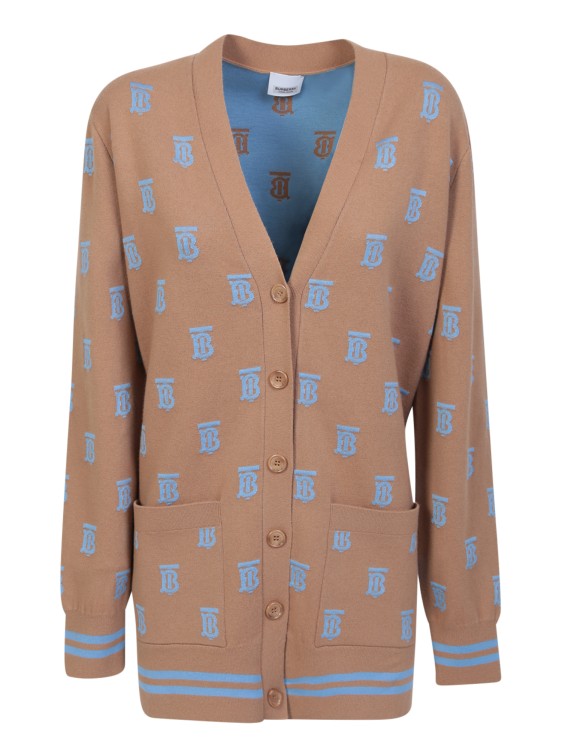 BURBERRY BEIGE CARDIGAN WITH ALL-OVER JACQUARD MONOGRAM MOTIF