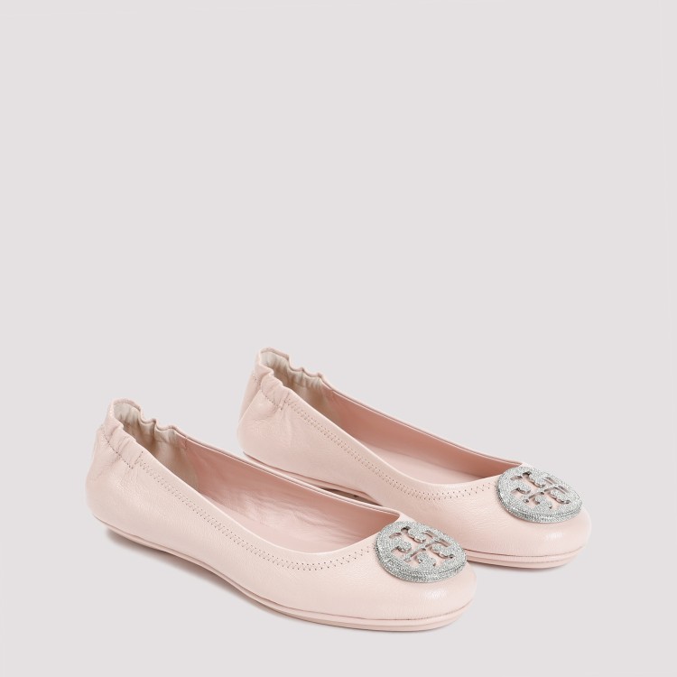 Shop Tory Burch Shell Pink Ovine Leather Minnie Pave Ballerina In Neutrals