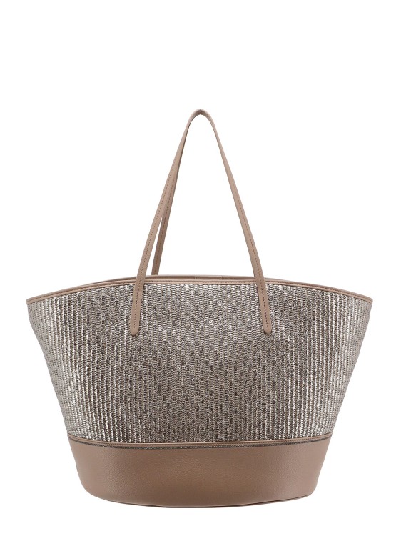 Shop Brunello Cucinelli Straw And Leather Shoulder Bag With Laminated Effect In Grey