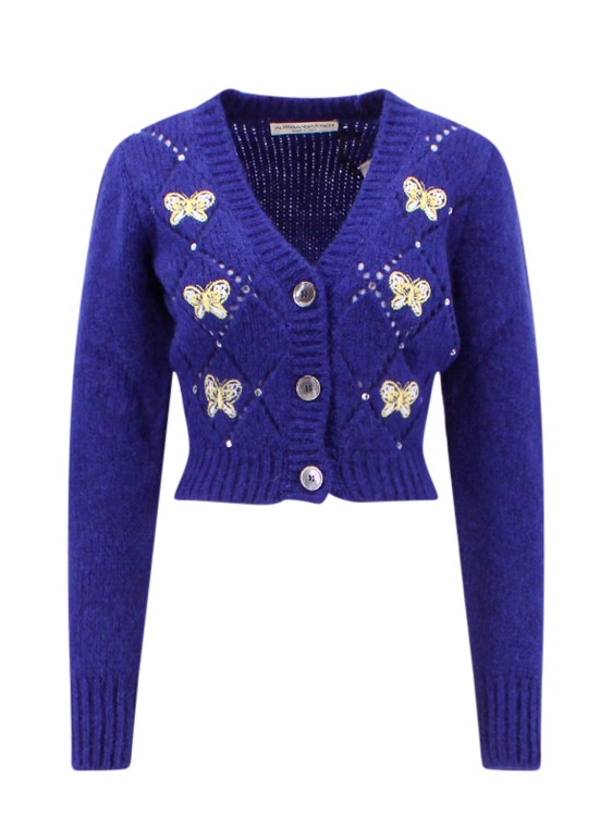 Alessandra Rich Alpaca Blend Cardigan With Butterfly Embroideries In Blue
