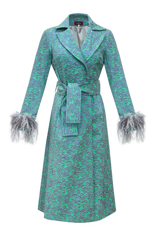 Shop Andreeva Green Jacqueline Coat With Detachable Feathers Cuffs