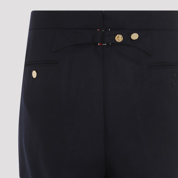 Shop Thom Browne Low Rise Drop Crotch Backstrap Navy Blue Wool Trousers In Black