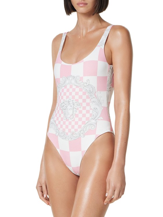 Shop Versace Medusa Checkerboard-print Multicolor Swimsuit In White