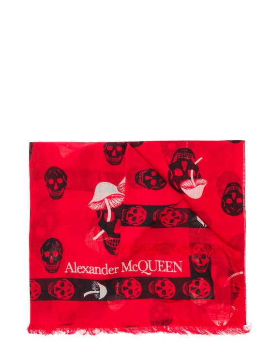 Alexander Mcqueen Red Scarf With Skull And Mushroom Print All-over In Modal Blend