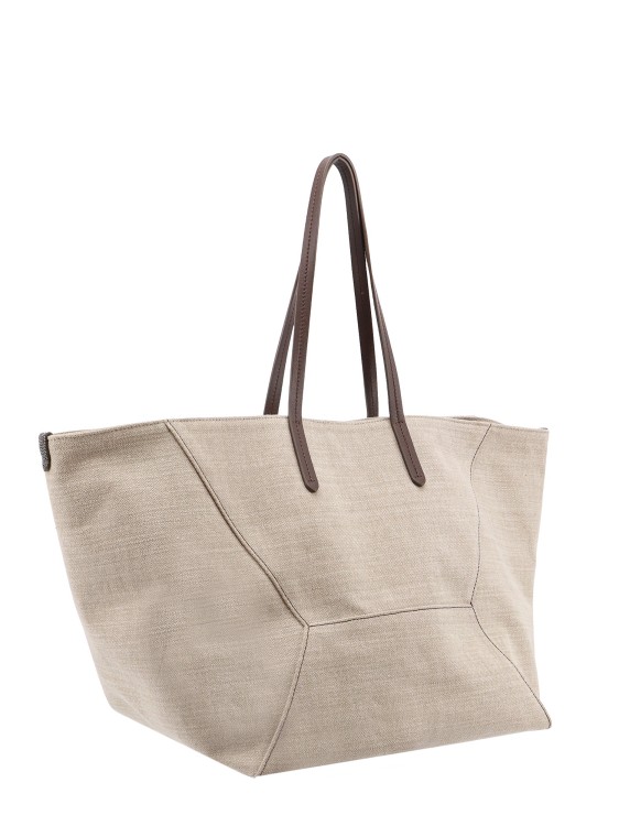 Shop Brunello Cucinelli Cotton And Linen Shoulder Bag With Iconic Jewel Details In Neutrals