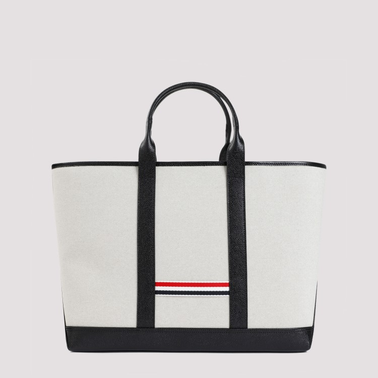 Shop Thom Browne Black Grained Leather Medium Tool Tote Bag In White