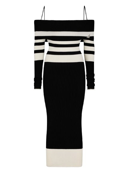 Attico Amalia Striped Off-the-shoulder Knit Midi Dress In Black