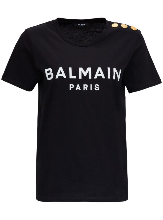 Shop Balmain Black Crewneck T-shirt With Logo Print And Golden Buttons In Jersey