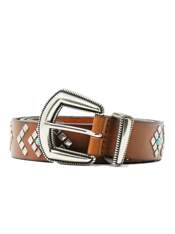 Orciani Leather Belt With Turquoises In Brown