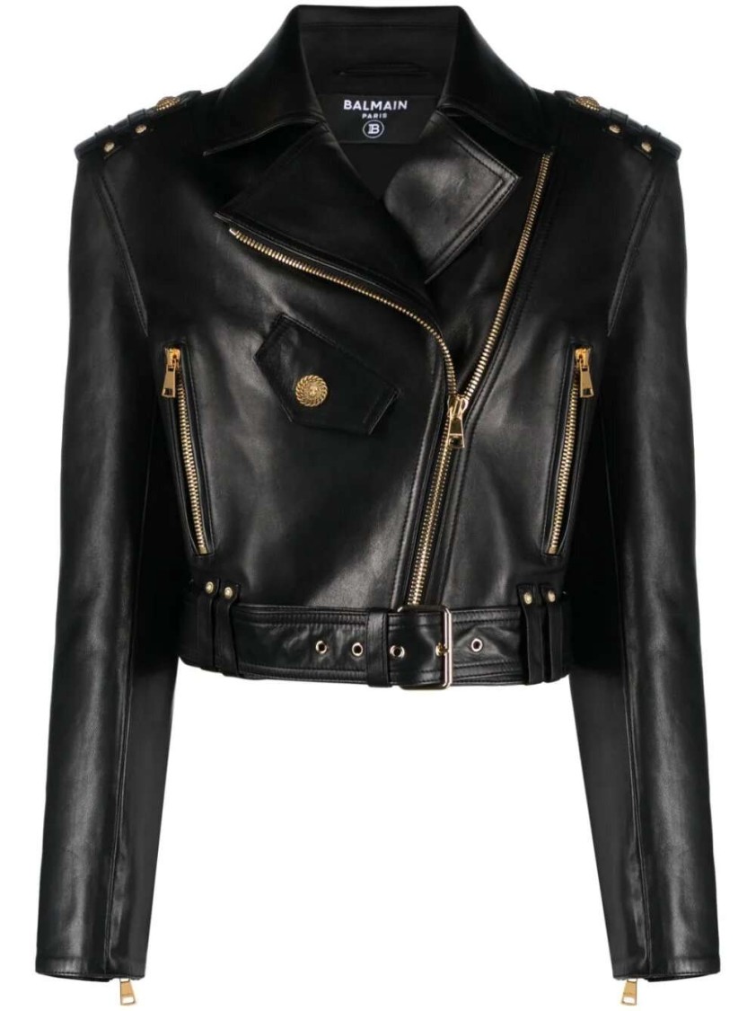 Shop Balmain Zipped-up Leather Biker Jacket In Black