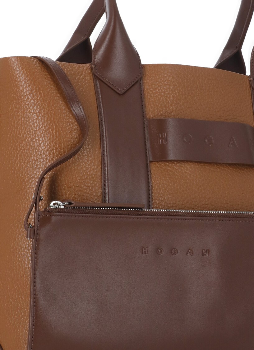 Hogan Small Leather Tote Bag Script In Brown