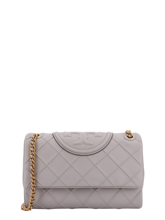 Shop Tory Burch Leather And Suede Shoulder Bag With Embossed Logo In Grey