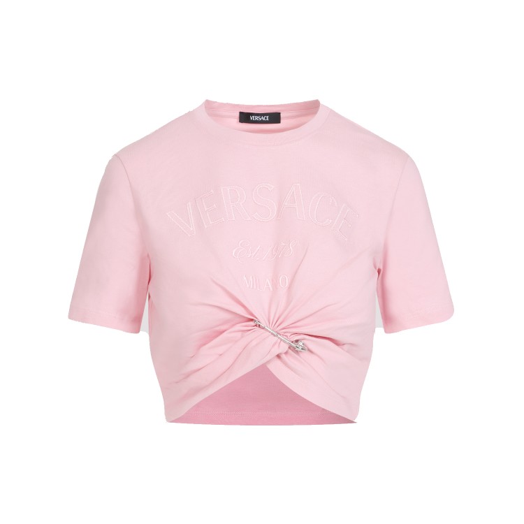 Shop Versace Pale Pink Cotton Cropped Logo T-shirt In Neutrals