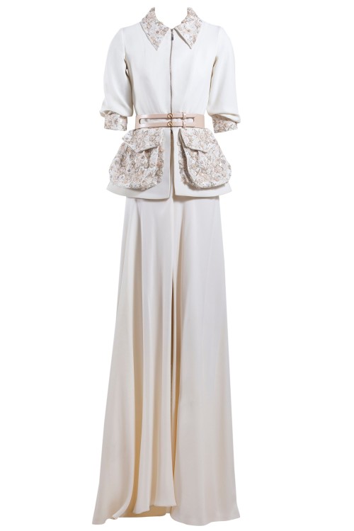 Saiid Kobeisy Pearled Ivory Crepe Marocain Jacket With Flower Beaded Details And A Long Crepe Georgette Skirt With In White