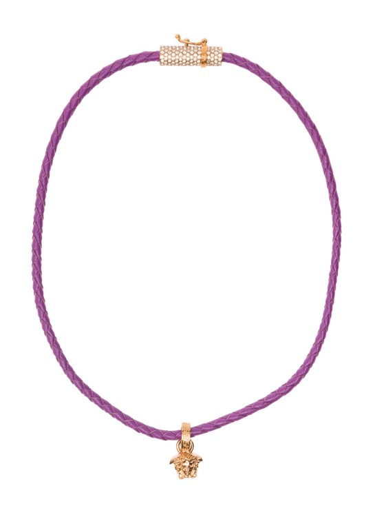 Shop Versace Gold-tone Medusa Pendant Necklace In Violet Leather In Not Applicable
