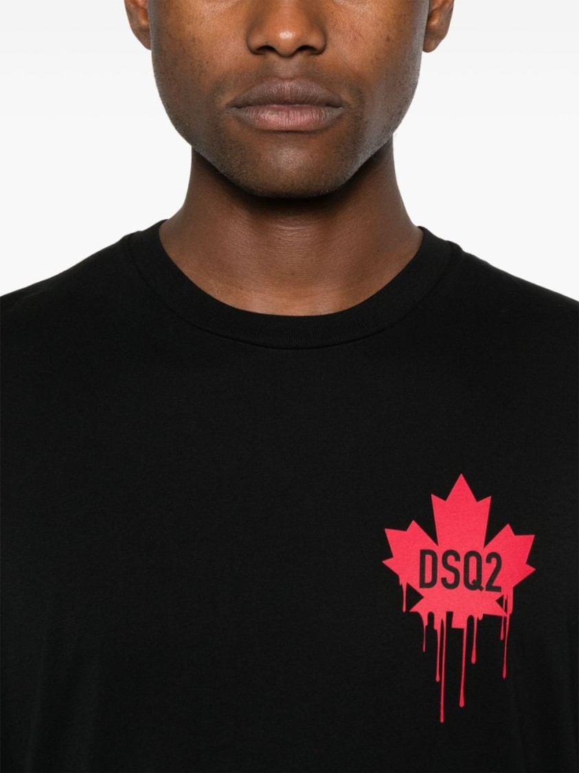 Dsquared2 Black T-shirt Featuring Striking Red Maple Leaf In Black