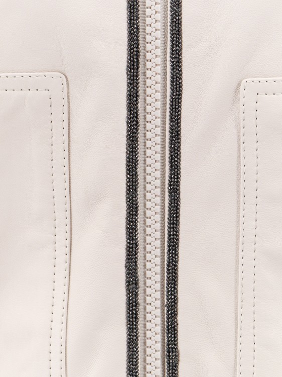 Shop Brunello Cucinelli Leather Jacket With Monili Profiles In Neutrals